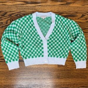 J. Crew Checkered V-neck Cardigan Sweater in Blue / Green Brushed Yarn - Size M